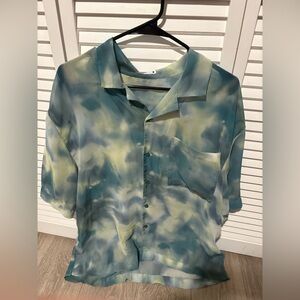 Zara Men's Blue and Yellow Tie-Dye Shirt